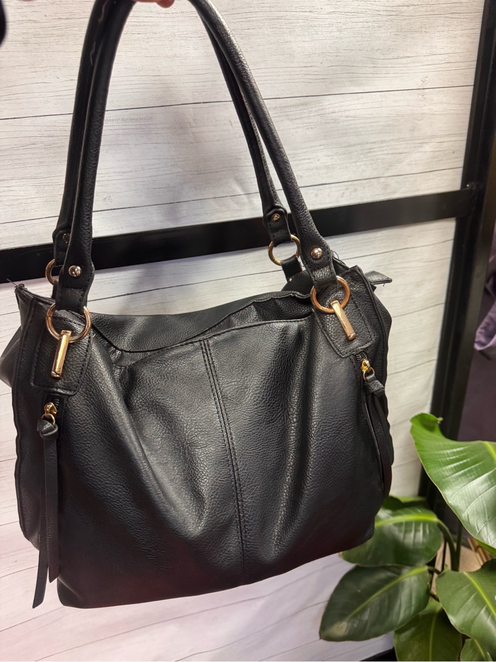 Black Pebbled Faux Leather Hobo Shoulder Bag Gold Hardware Large Tote Boho